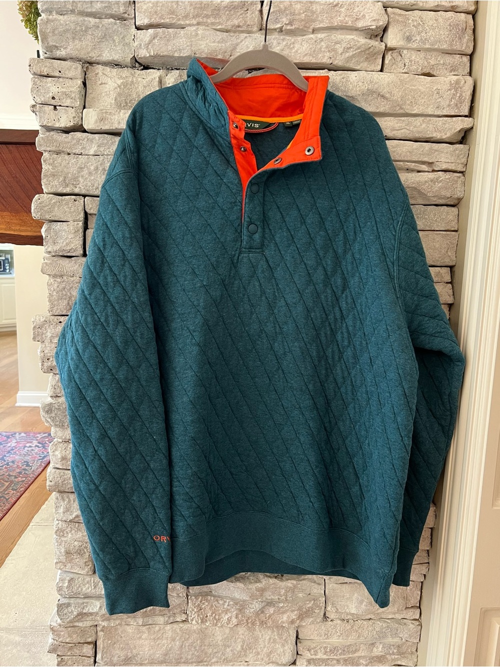Orvis Men's Quilted Teal Pullover with Orange Trim